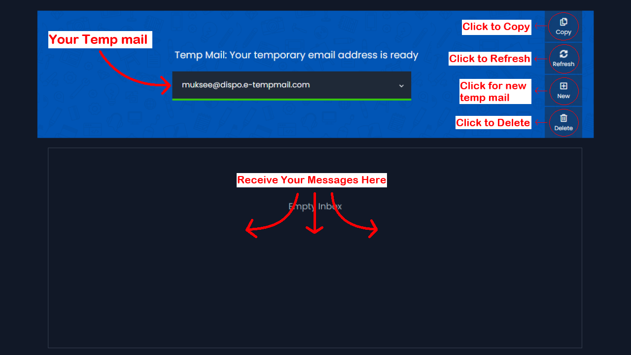 This image provide directions to use free temp mail generator service on e-tempmail.com 